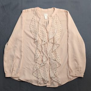 Chico's Women 2 US 12 Long Sleeve Button Up Blouse Ruffle Peach Black Polka Dot